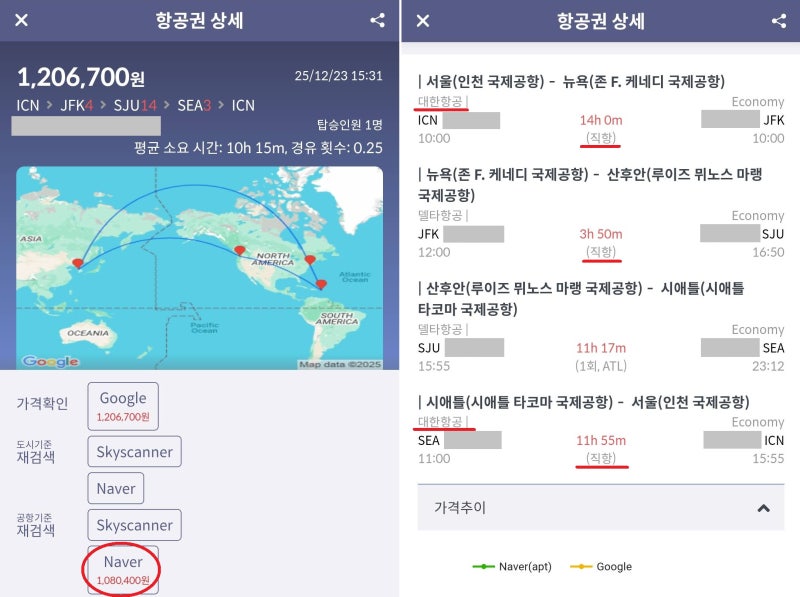 대한항공/델타항공, 서울 - 뉴욕 4일 - 산후안 14일 - 시애틀 3일 - 서울 120만원(네이버 108만원) 항공권 상세 페이지