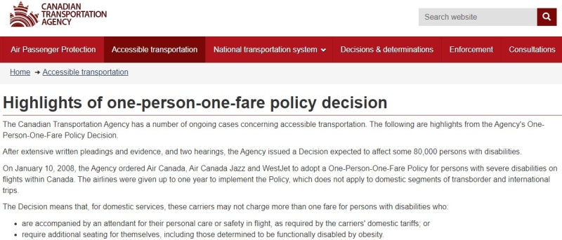 캐나다의 'one-person-one-fare policy'