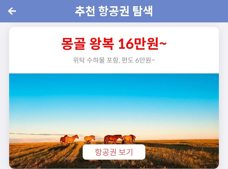 메타온메타 추천 항공권 탐색 - 몽골 왕복 16만원~